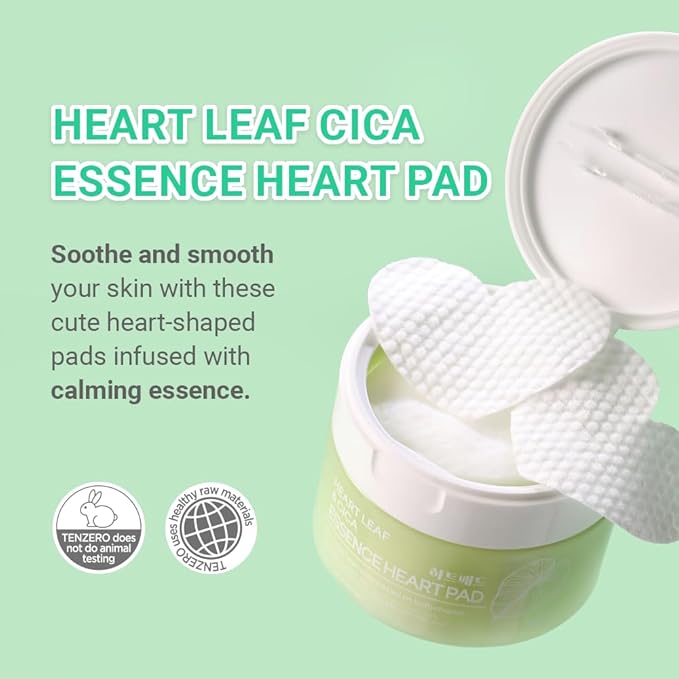 TENZERO Heart Leaf CICA Essence Heart Pad 50ea, Redness Relief Soothing Pore Care for Sensitive Skin, Korean Facial Toner Pads, Hydrating & Refreshing, Centella, 150g