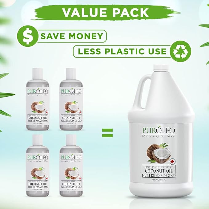 PUROLEO Fractionated Coconut Oil 64 Fl Oz/1900 ML (Packed in Canada) 100% Natural and odorless Moisturizer & Carrier Oil l Hair Skin Body, Aromatherapy, Massage, Makeup Remover