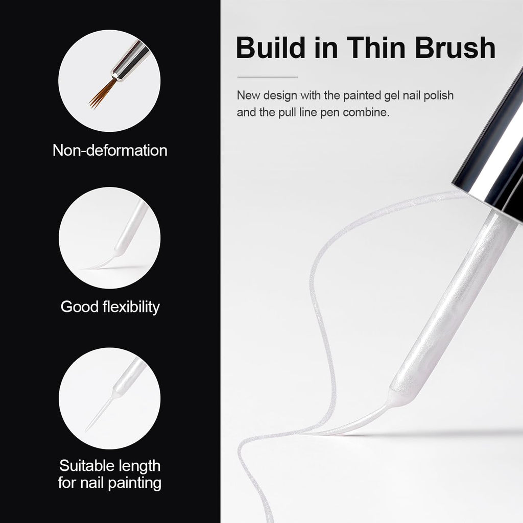 RARJSM Pearl White Gel Liner Nail Art Pearlescent Silver Shell Glitter Swirl Effect Gel Polish 8ml Build in Thin Brush Painted Drawing Striper Soak off Curing Requires for Home Salon