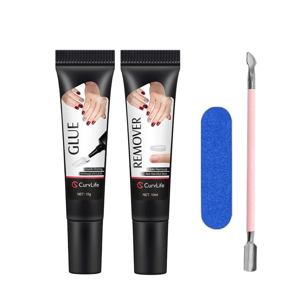 Curvlife Soft Quick Drying 10g Semi Solid Nail Glue with 10ml Remover with Cuticle Pusher Nail Art for Press On Nails Tips No Need for UV Lamp Long Lasting