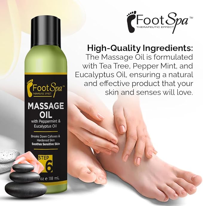 Foot SPA - Massage Oil, with Tea Tree, Pepper Mint, Eucalyptus Oil, 8 Oz - Professional Full Body Massage Therapy, Manicure, Pedicure - Relax Sore Muscles and Repair Dry Skin