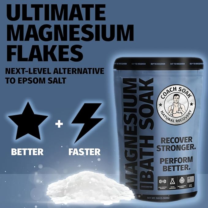 Coach Soak Recovery Bath Soak - Faster Absorption Than Epsom Salt for Pain - Rejuvenating Magnesium Flakes with 21 Minerals, Essential Oils & Bath Salts, 3lbs (Unscented)