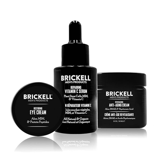 Brickell Men's Advanced Anti-Aging Skin Care Routine, Night Face Cream, Vitamin C Facial Serum and Eye Cream, Natural and Organic, Scented, Skin Care Gift Set