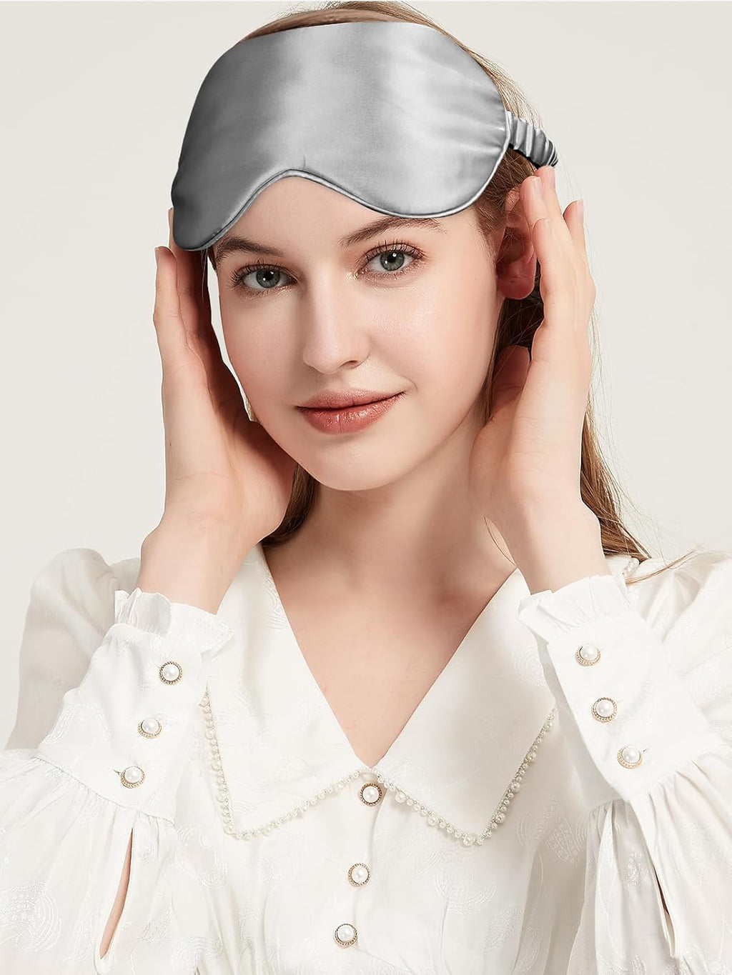 100% Mulberry Silk Eye Mask for Sleeping with Silk Wrapped Adjustable Strap,Silver Gray