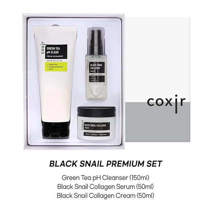 coxir BLACK SNAIL GIFT SET | Birthday Gifts | Foam Cleanser+Serum+Cream | Black Rice, Snail Mucin, Collagen, Peptide | Firming, Moisturizing, Repairing, Korean Skin Care