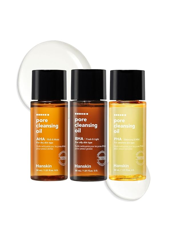 Hanskin PHA/BHA/AHA Trial Size Pore Cleansing Oil, Gentle Blackhead Cleanser and Makeup Remover for Combination and Oily Skin Travel Size Mini Makeup Remover Set [1 oz/Pack of 3]