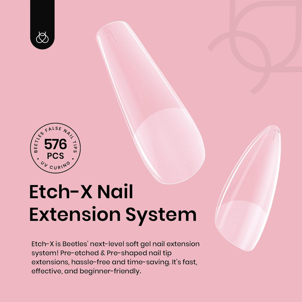 Beetles Gel Nail Tips Extra Short Coffin 576Pcs 12 Sizes - Pre-Etched Shaped Half Matte Soft Nail Tips Press On Nails Full Cover False Nails Acrylic Fake Nail Extension Kit Gift for Women