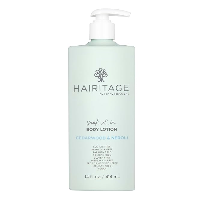 Hairitage Soak It In Cedarwood & Neroli Scented Body Lotion - Skin Moisturizer & Hydrating Lotion - Niacinamide, Jojoba Oil, & Avocado Oil -All Skin Types - Rosemary & Orange Essential Oils, 14 fl oz
