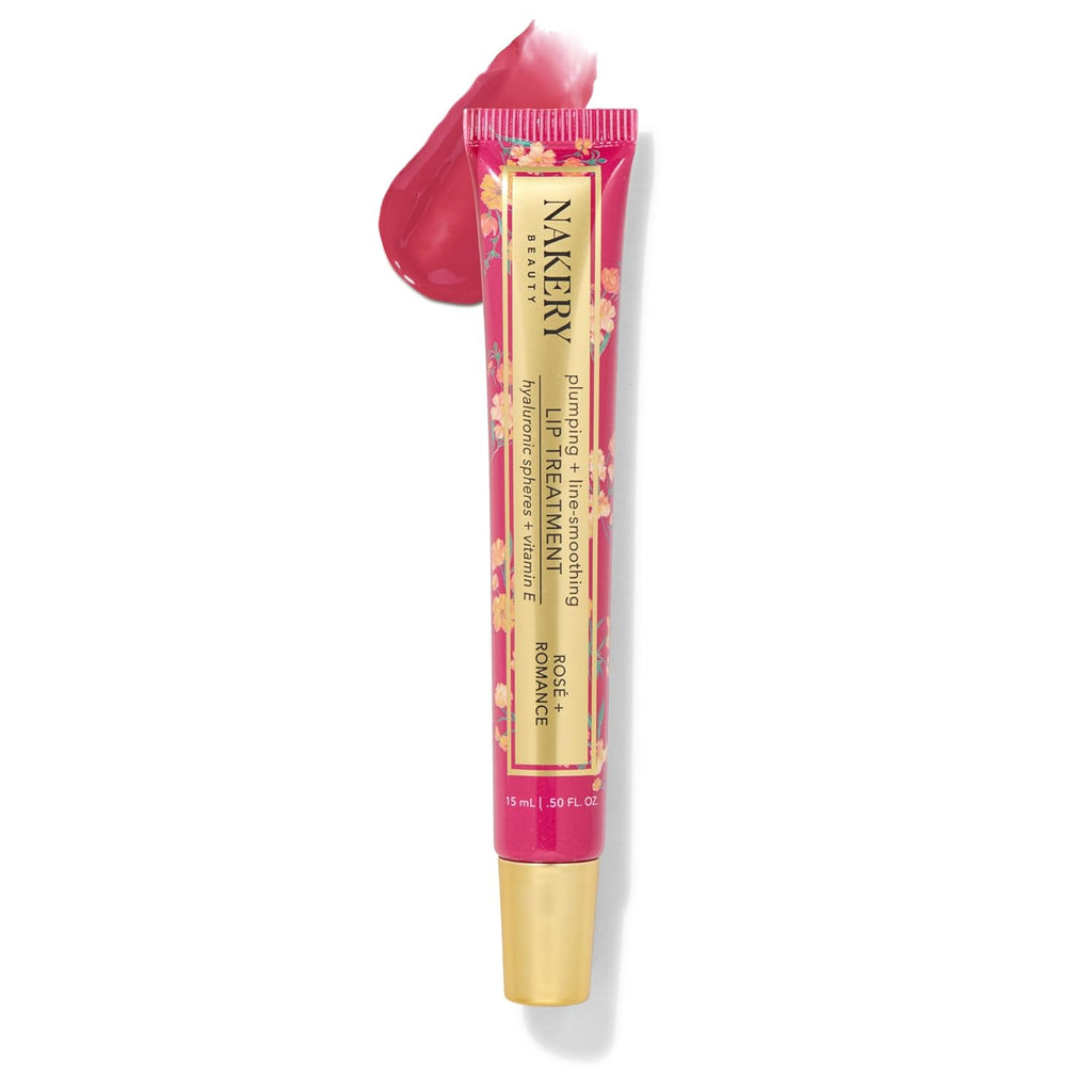 Nakery Plumping Lip Treatment for Dry Cracked Lips - Line Smoothing Lip Plumper for Women with Hyaluronic Acid Serum for Lips - Non Sticky Lip Gloss Plumper for Petal Soft Lips - Rose & Romance