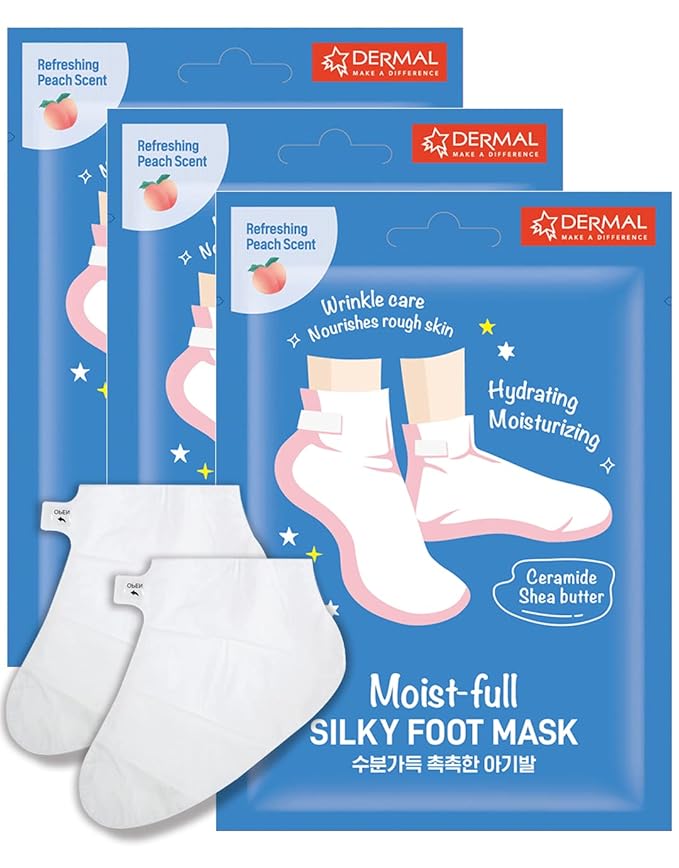 DERMAL Moistfull Silky Foot Mask 3 Pairs - Hydrating Foot Mask Socks for Dry Cracked Feet, Toes, and Callus - Ceramide, Shea Butter - Repair Rough Heels - Refreshing Peach Scent (Non-Peel)
