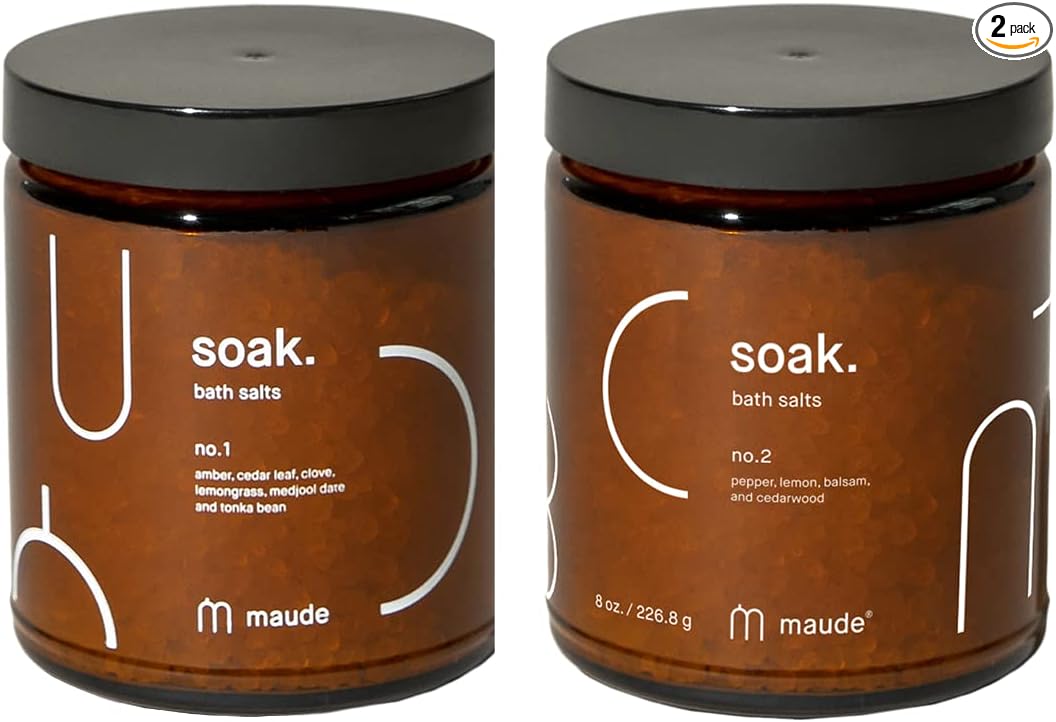 Maude Soak Bundle - Soak Mineral Bath Salts with Hand-Harvested Dead Sea Salt Crystals and Vitamins - Soak No. 1 + No. 2 (8 oz, Two Count)