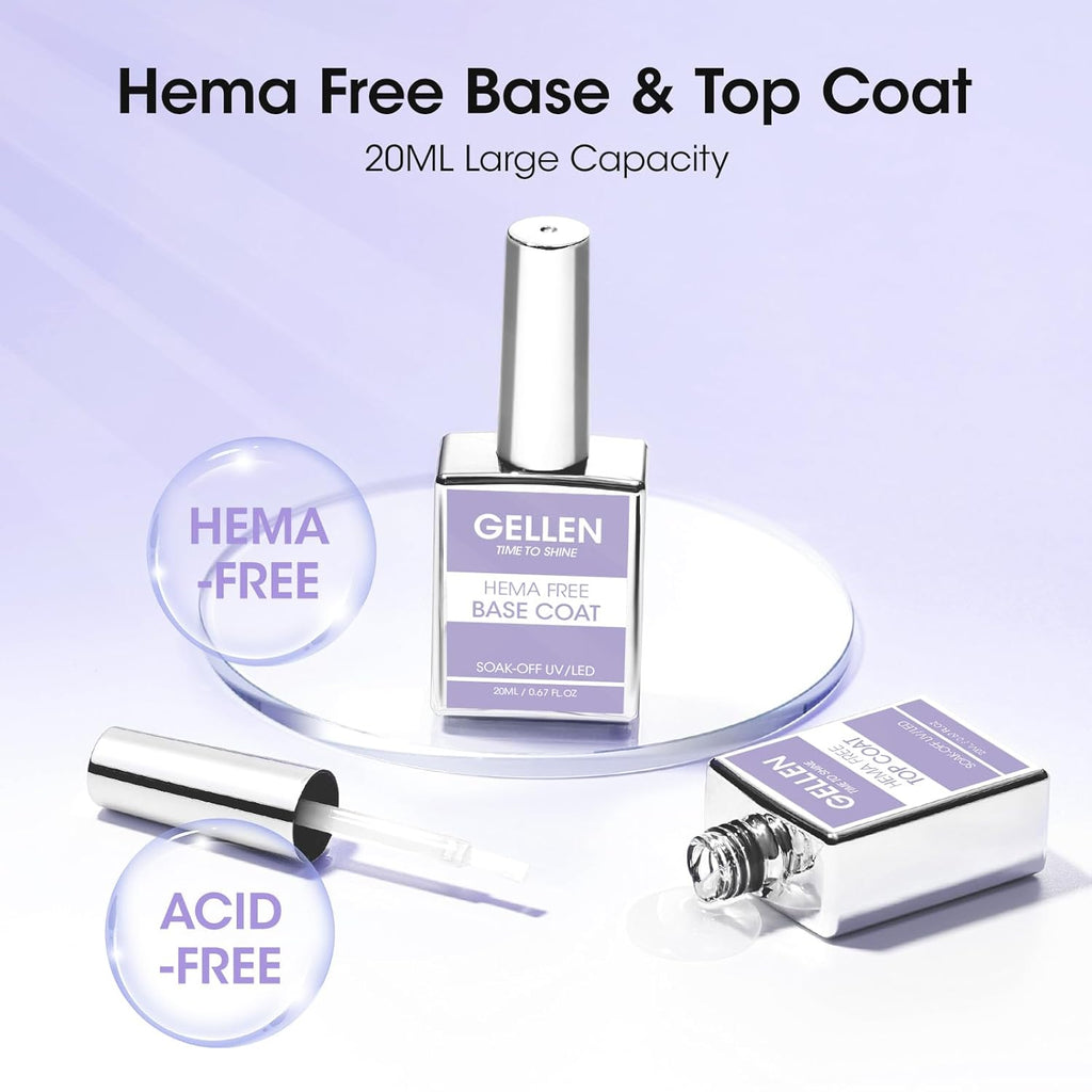 GELLEN 20ml Gel Base and Top Coat, Hema-Free Glossy Top Coat and Base Coat for Gel Nail Polish, No Wipe Soak Off Curing Needed Clear Nail Polish, Easy DIY Manicure Set