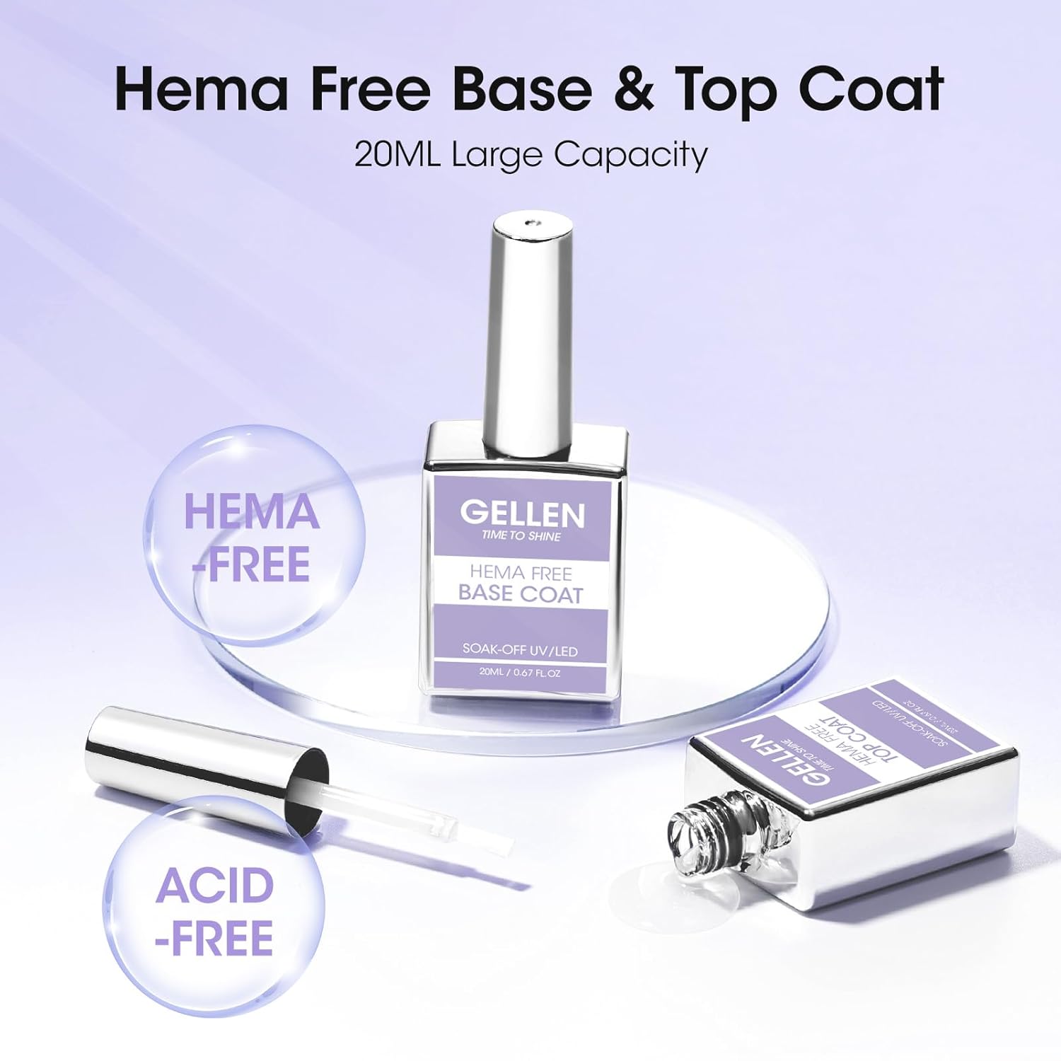 GELLEN 20ml Gel Base and Top Coat, Hema-Free Glossy Top Coat and Base Coat for Gel Nail Polish, No Wipe Soak Off Curing Needed Clear Nail Polish, Easy DIY Manicure Set