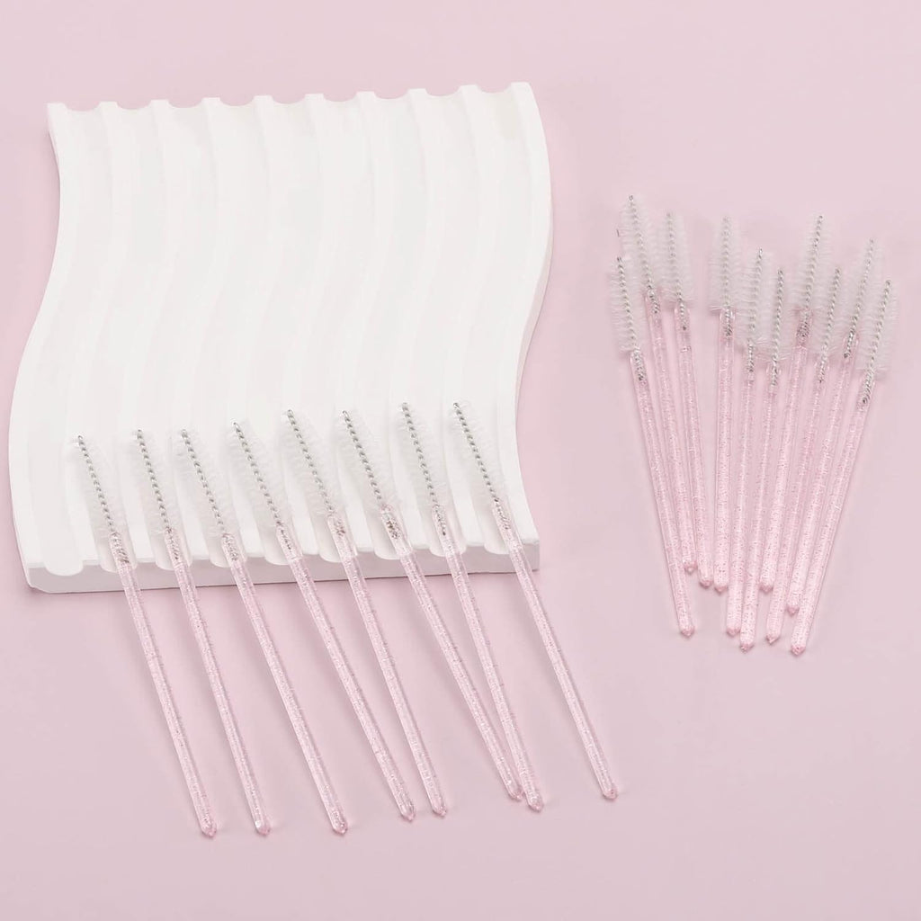 Tbestmax 300 Pcs Disposable Spoolies, Mascara Wand Eyelashes Brushes Applicator for Eyebrow Eye Lash Extension Pink Stick White Head
