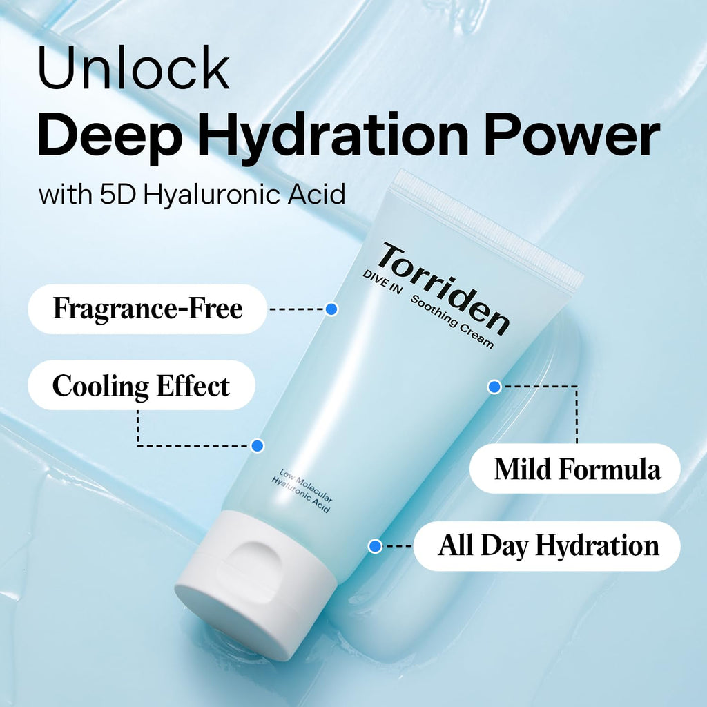 Torriden DIVE IN Hyaluronic Acid Soothing Cream Tube Type 100ml (3.38 fl. oz) | Revitalizing Facial Moisturizer for Sensitive and Dry Skin | Hyaluronic Acid, Panthenol, Allantoin