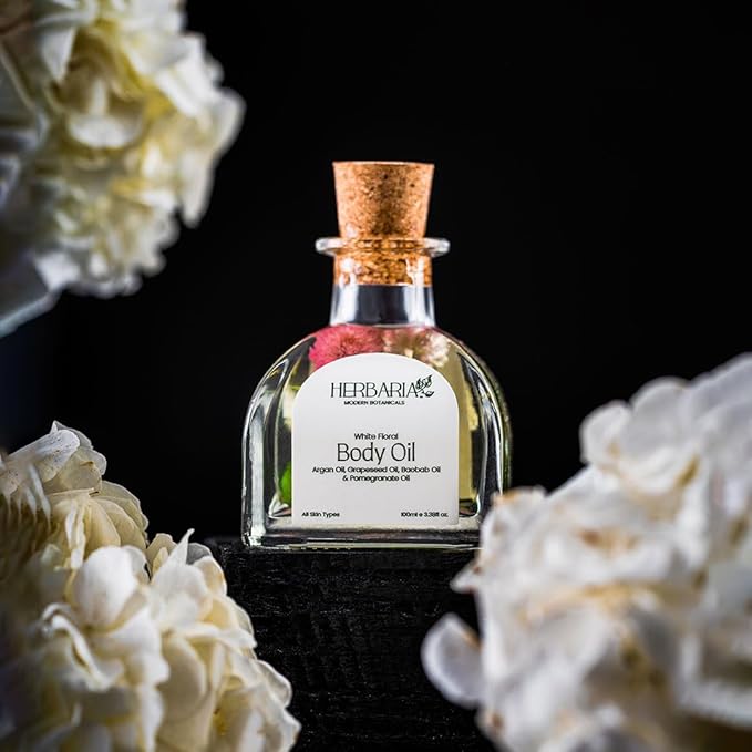 HERBARIA Body Oil - White Floral (3.38 fl oz) | Luxurious Body Oil - ALL SEASON | 100% Vegan Enriched With Grapeseed Oil, Pomegranate Oil, Avocado Oil, Argan Oil, Baobab Oil | 100% Sustainable