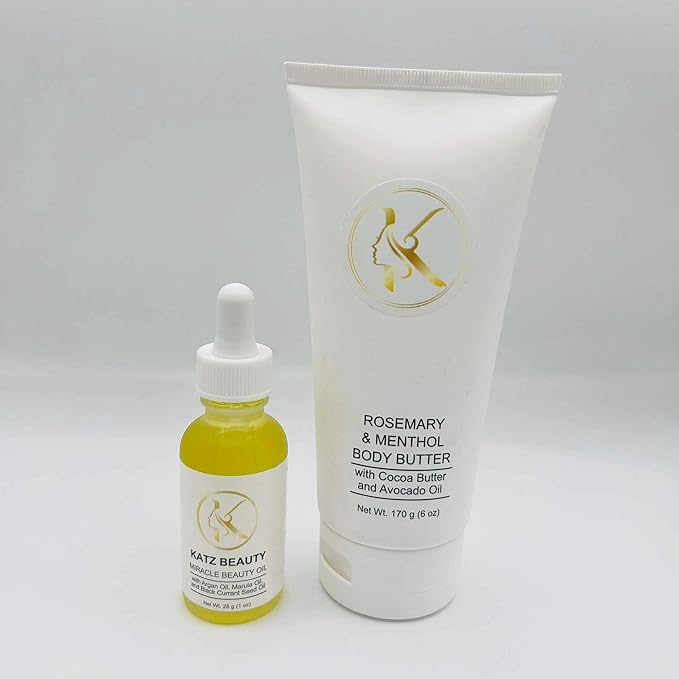 Katz Beauty Rosemary & Menthol Body Butter with Shea Butter and Avocado Oil 6 oz with Miracle Beauty Oil 1 oz and Cosmetic Bag