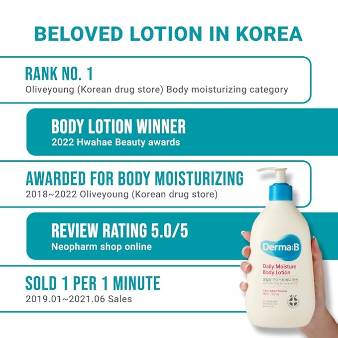 DERMA B | Daily Moisture Body Lotion | Body Cream for Dry Skin | Long-Lasting Body Moisturizer for Sensitive Skin | Woody & Powdery Scented | Skincare with Panthenol, Shea Butter | 13.5 fl oz (400ml)