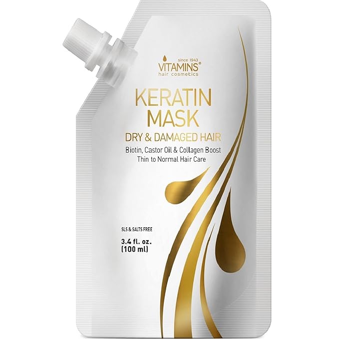 VITAMINS hair cosmetics Keratin Hair Mask Deep Conditioner - Biotin Collagen Protein & Castor Oil Repair for Dry Damaged Hair - Conditioning Treatment for Curly or Straight Thin Fine Locks