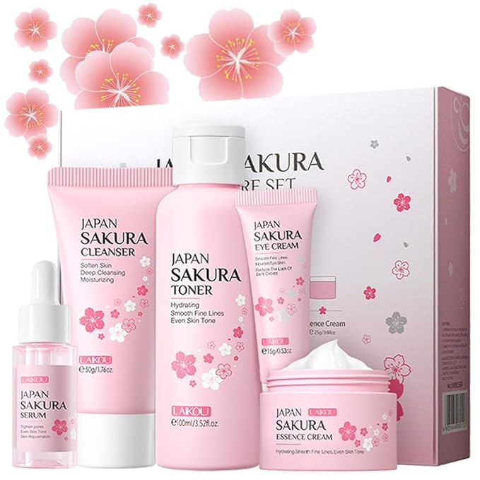Skincare Gift Set Sakura Skin Care Travel Kit with Cleanser, Toner, Serum, Eye Cream, Face Cream for Women Girls (5pcs)