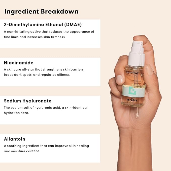 Stratia Rewind Firming & Hydrating Serum with Hyaluronic Acid & Niacinamide - Moisturizes & Evens Skin Tone with DMAE for Smooth, Plump Skin, 1.3 Fl Oz