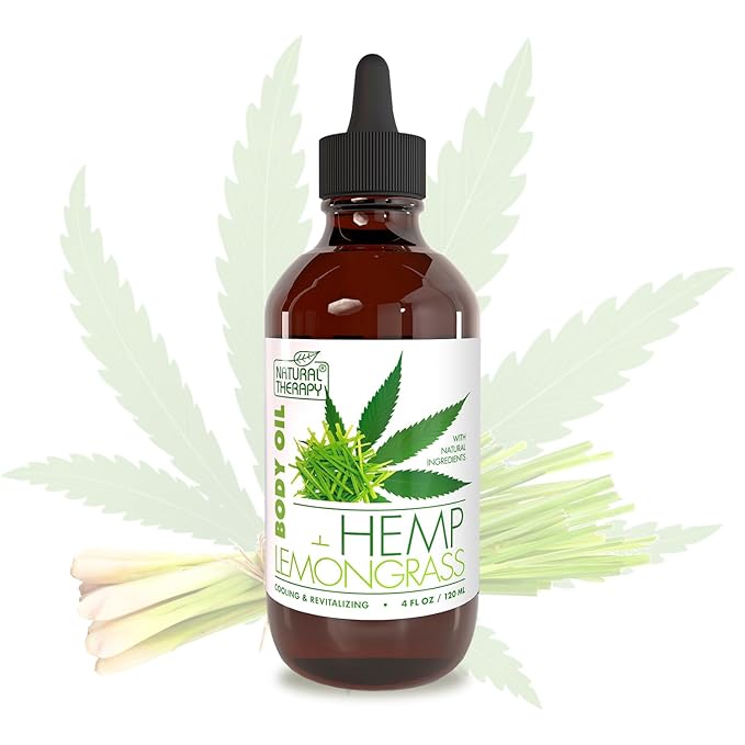 Natural Therapy Body Oil with Hemp & Lemongrass - Dry Skin Moisturizer and Hydrating Massage Oil - Increase Skin Elasticity and Provide Anti-Aging Support for Face and Body (4 fl.oz)