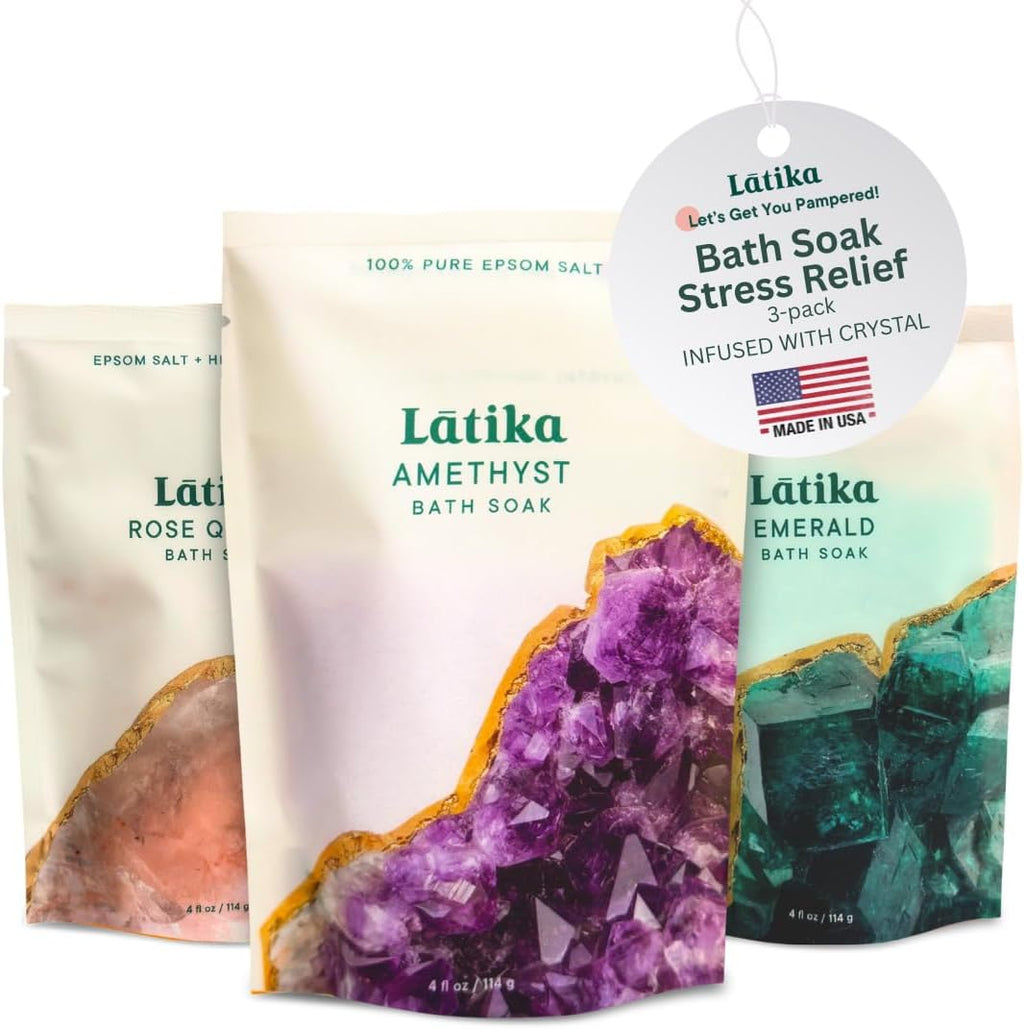 Geode-Inspired Bath Soak Set of 3 - Amethyst, Rose Quartz & Emerald with Essential Oils & Epsom Salt - Sandalwood, Lavender, Sage & Eucalyptus for Stress Relief, Muscle Recovery & Skin Care