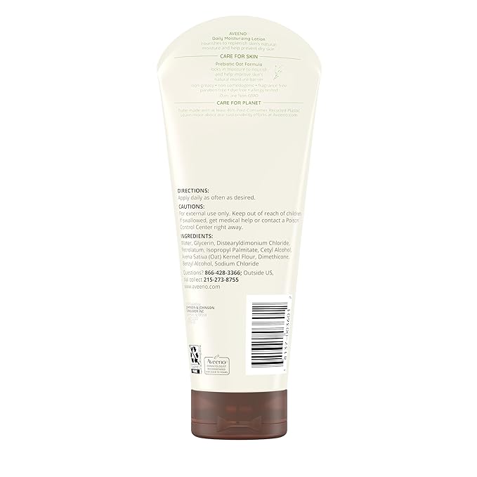 Aveeno Daily Moisturizing Body Lotion with Soothing Prebiotic Oat, Gentle Lotion Nourishes Dry Skin With Moisture, Paraben-, Dye- & Fragrance-Free, Non-Greasy & Non-Comedogenic, 8 fl. oz