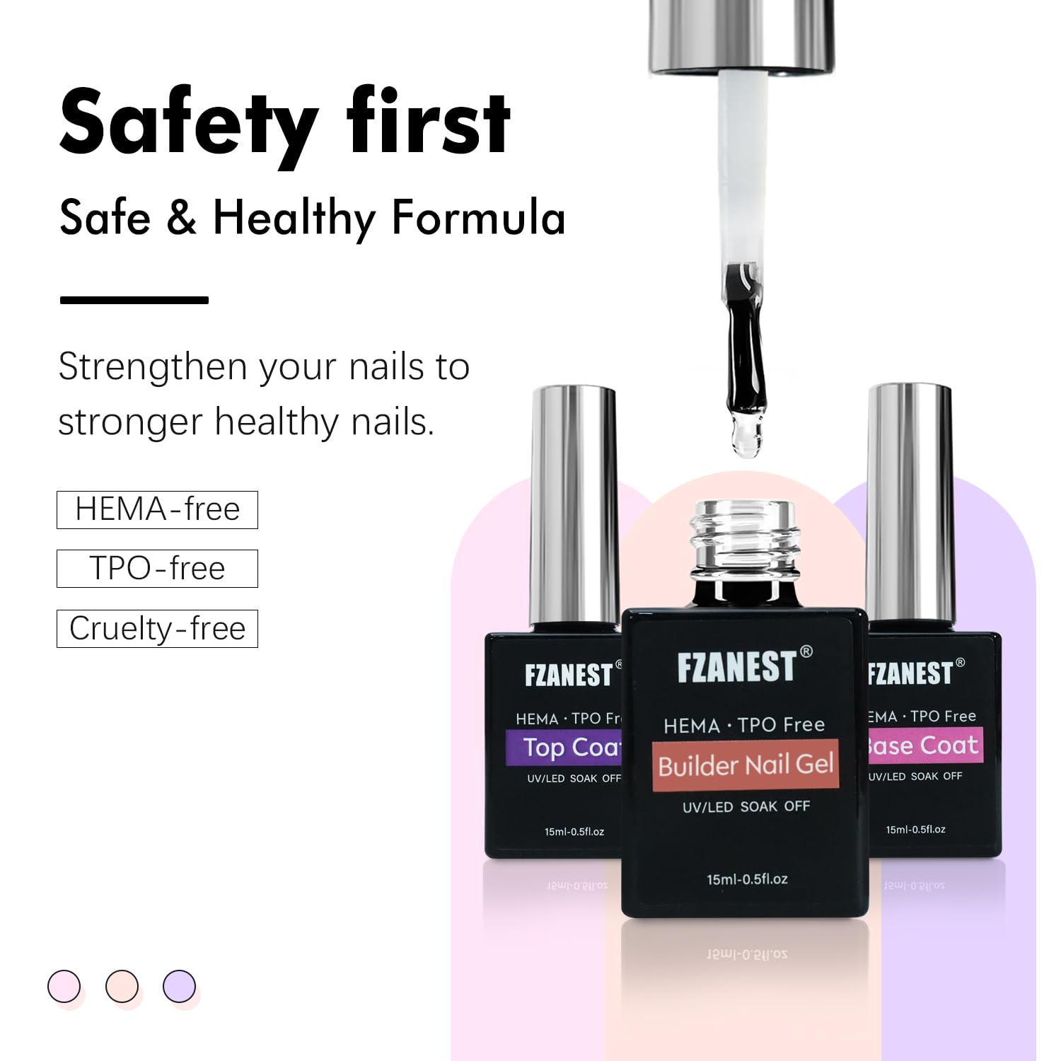 FZANEST Builder Gel With Top and Base Coat HEMA TPO-Free, 15ml * 3pcs Clear Gel Nail Polish Kit for Nail Strengthening Building Apex Extension Soak Off No Wipe Top Coat Base Harden Nails