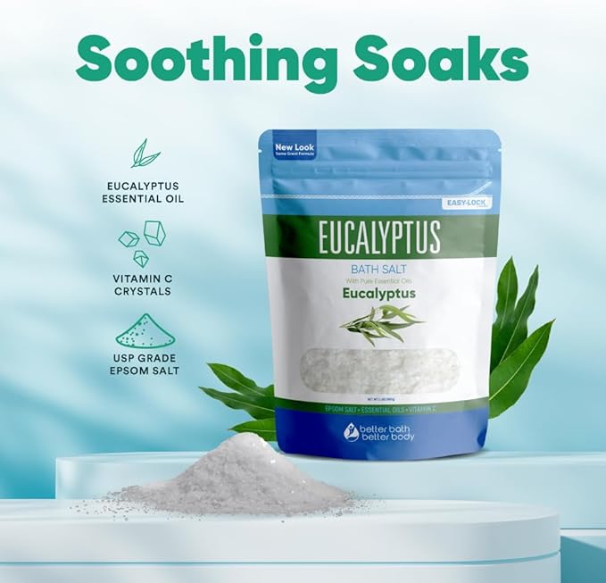 Eucalyptus Bath Salt 32 Ounces Epsom Salt with Natural Eucalyptus Essential Oil Plus Vitamin C in BPA Free Pouch with Easy Press-Lock Seal