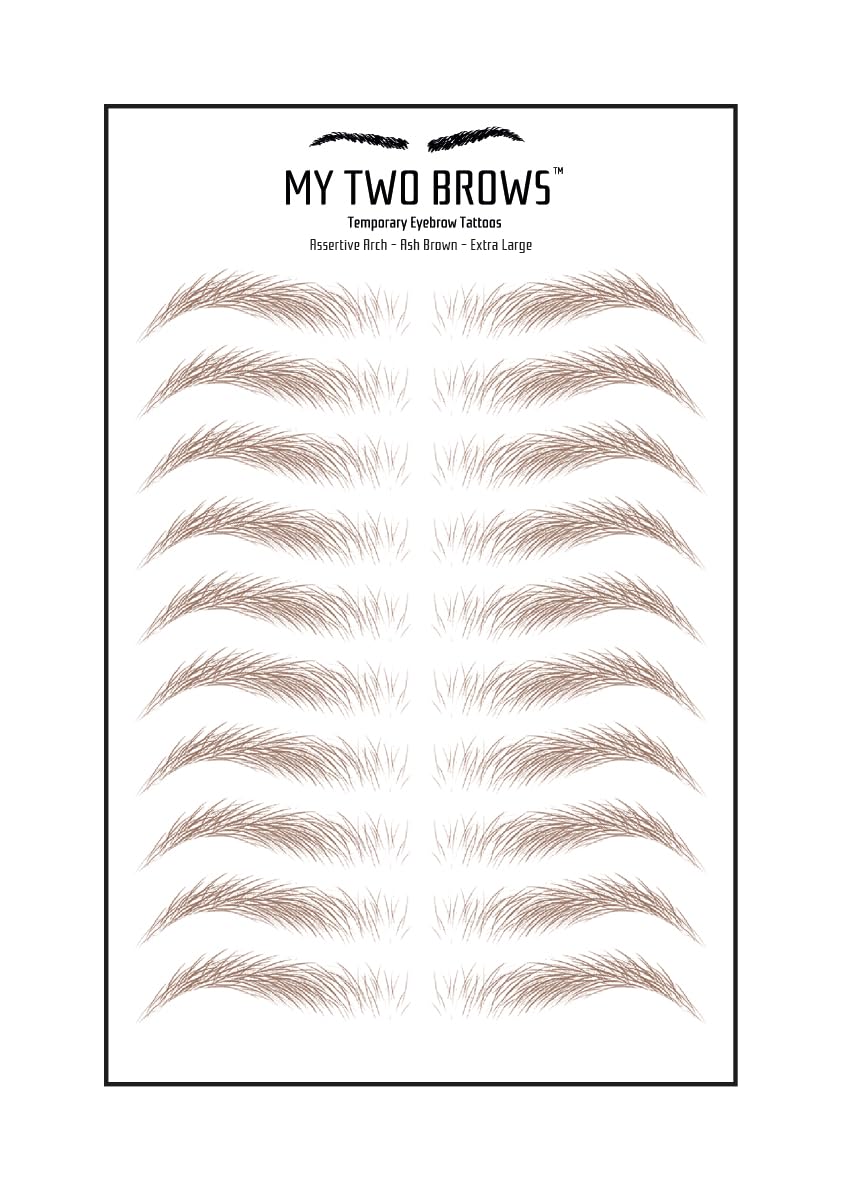 (10 pairs) Ash Brown Temporary Eyebrow Tattoo - Extra Large Size - Waterproof & Smudgeproof - Assertive Arch Style Eyebrow Stickers - Sheet Lasts up to 30 Days - Won't Work on Existing Brows
