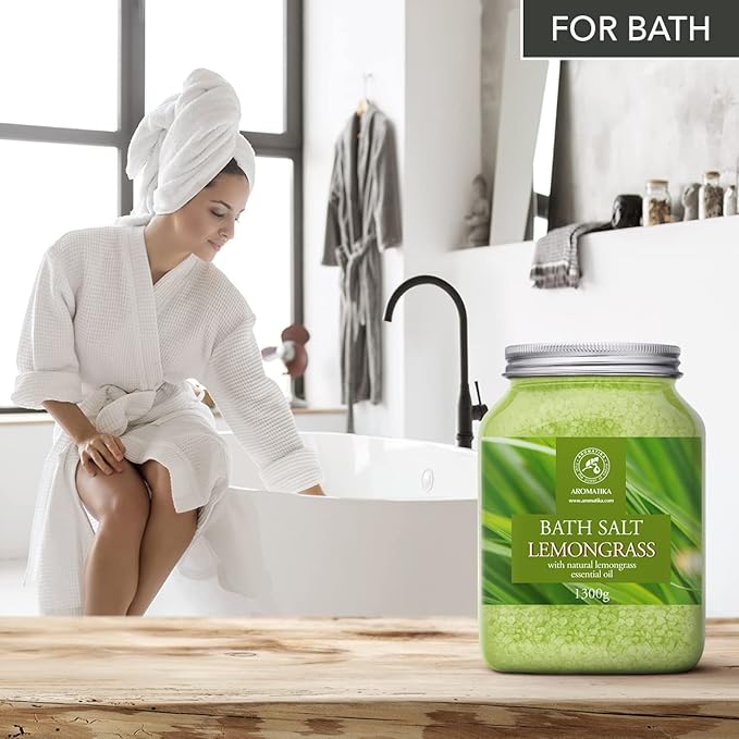 Bath Salts w/Natural Essential Lemongrass Oil 46 Oz (1300g) - Sea Salt Bath for Good Sleep - Bathing - Body Care - Wellness - Beauty - Relaxation - Aromatherapy - Spa - Bath Supplement