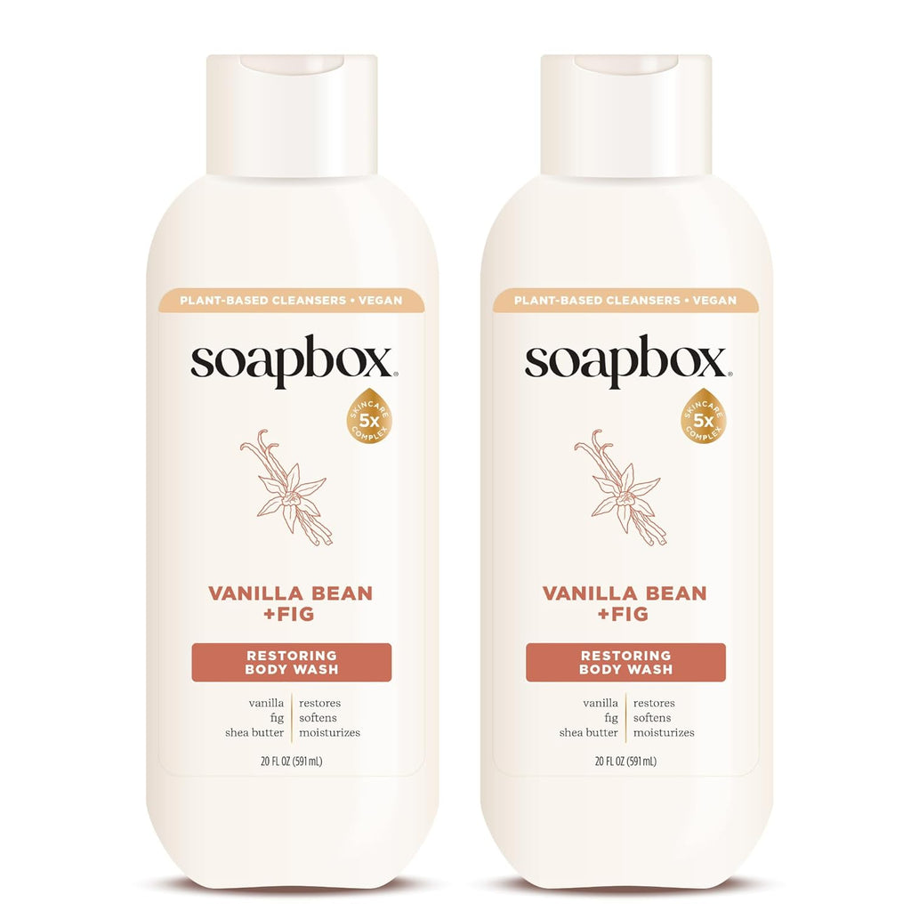 Soapbox Body Wash, Vanilla Bean & Fig Liquid Body Wash, Moisturizing Soap with Shea Butter, Vegan Duo Pack of 2 Soap Bottles, 20oz Each