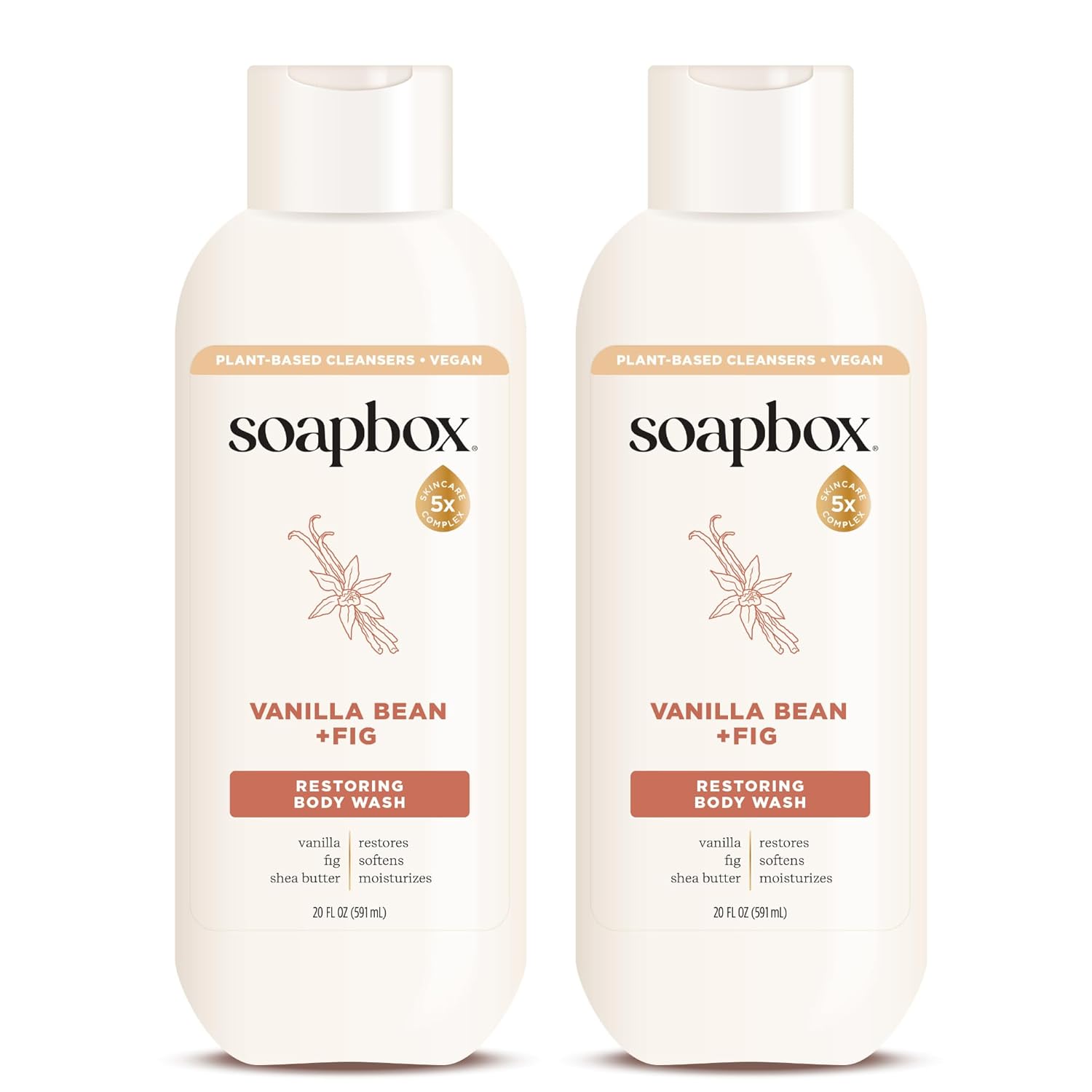 Soapbox Body Wash, Vanilla Bean & Fig Liquid Body Wash, Moisturizing Soap with Shea Butter, Vegan Duo Pack of 2 Soap Bottles, 20oz Each