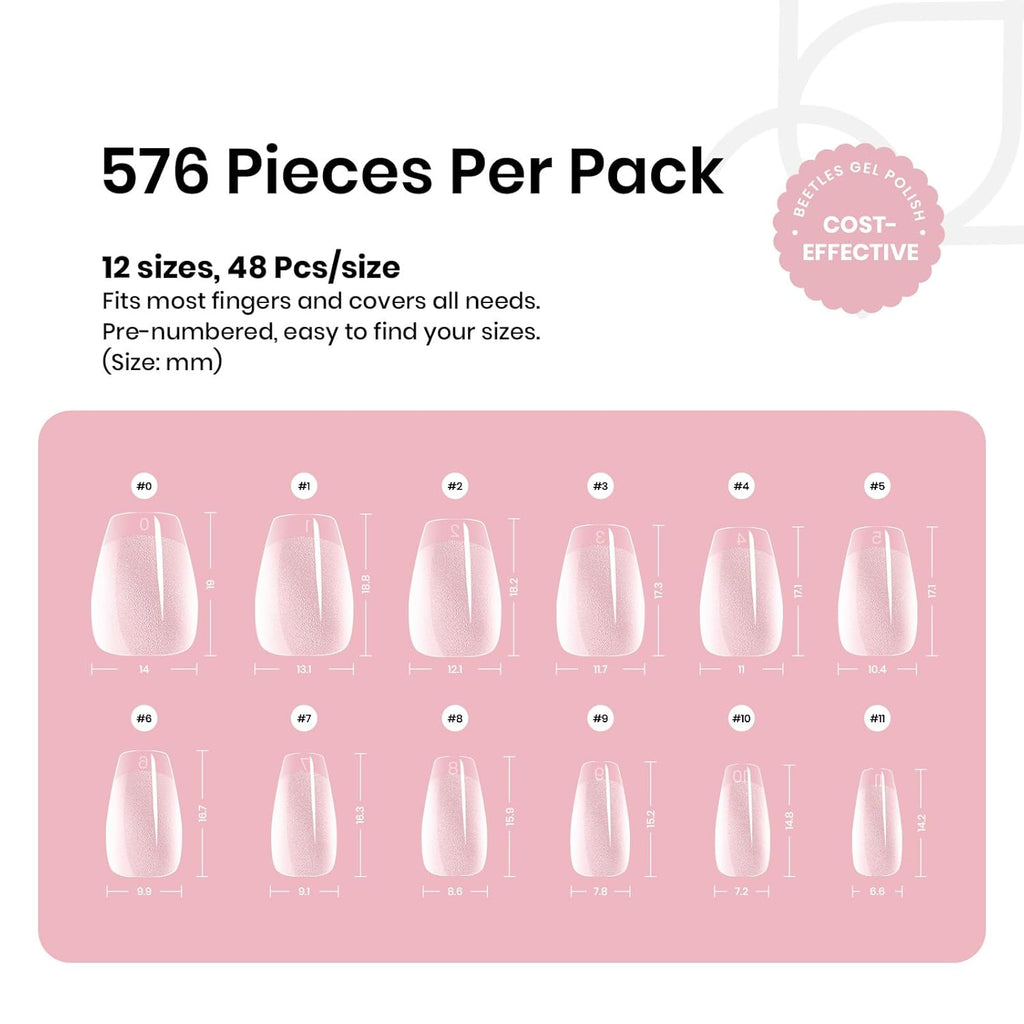 Beetles Gel Nail Tips Extra Short Coffin 576Pcs 12 Sizes - Pre-Etched Shaped Half Matte Soft Nail Tips Press On Nails Full Cover False Nails Acrylic Fake Nail Extension Kit Gift for Women