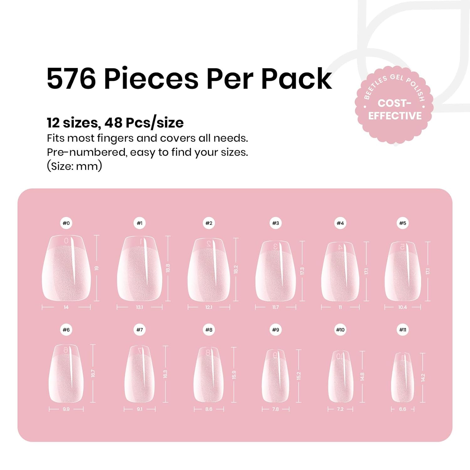Beetles Gel Nail Tips Extra Short Coffin 576Pcs 12 Sizes - Pre-Etched Shaped Half Matte Soft Nail Tips Press On Nails Full Cover False Nails Acrylic Fake Nail Extension Kit Gift for Women