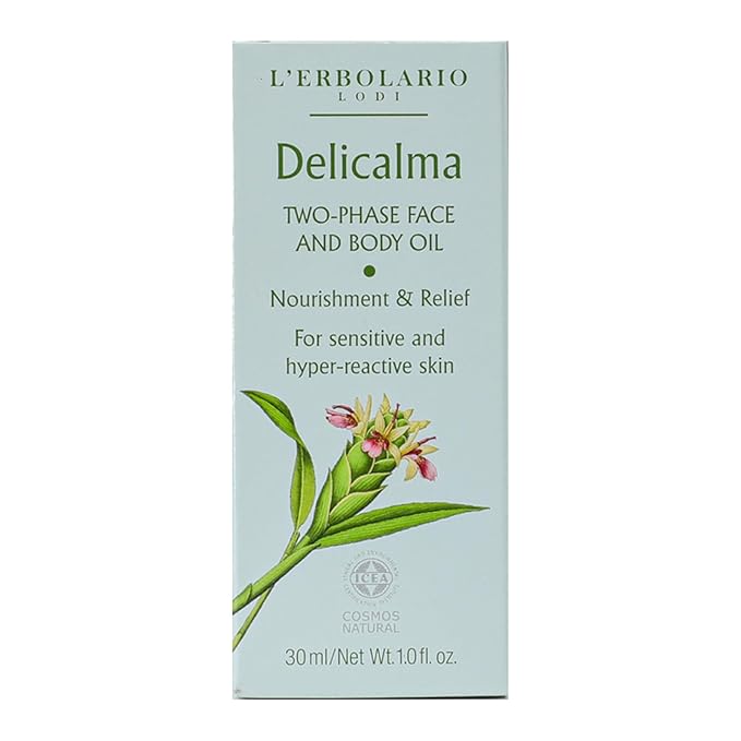 L'Erbolario Delicalma Two-Phase Face And Body Oil - Ginger Extract protects The Skin - Plum And Sunflower Oil Provide Organic Nourishment And Relief - For Sensitive And Hyper-Reactive Skin - 1 Oz