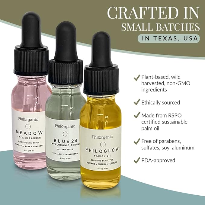 Philorganic Sustainable Facial Care Kit- Organic Trio Set- Cleanser, Hyaluronic Serum, & Oil - Self-Care Spa Moment & Gift - Small Batch USA Made