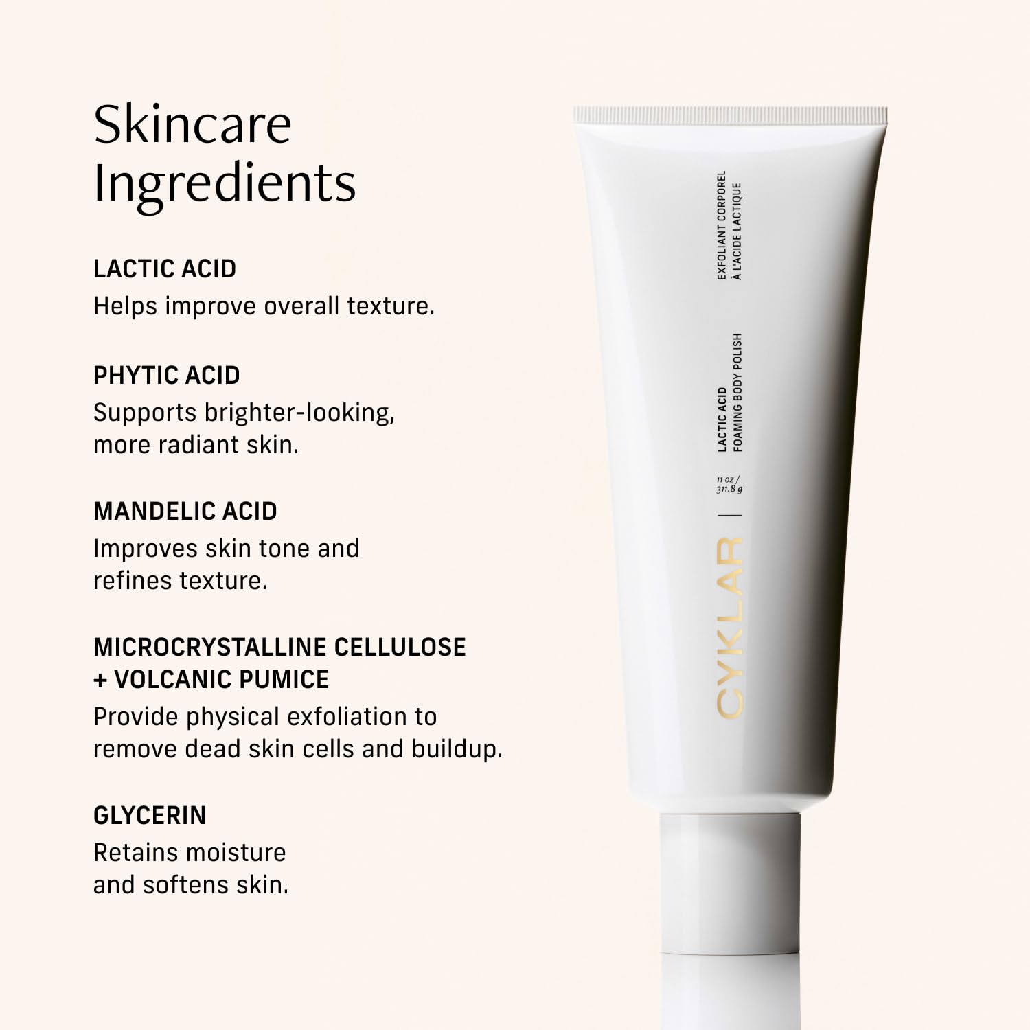 Lactic Acid Foaming Body Polish – Exfoliating Body Wash with Chemical & Physical Smoothers – Includes Glycerin Hydration, Mandelic Acid & Volcanic Pumice. Fragrance-Free, 11 fl oz