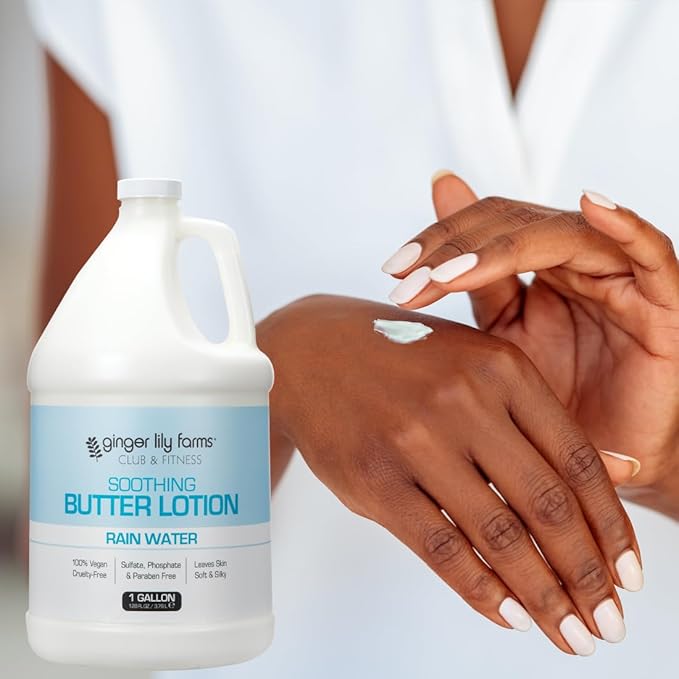 Ginger Lily Farms Club & Fitness Soothing Butter Lotion for Dry Skin, 100% Vegan & Cruelty-Free, Rain Water Scent, 1 Gallon (128 fl oz) Refill