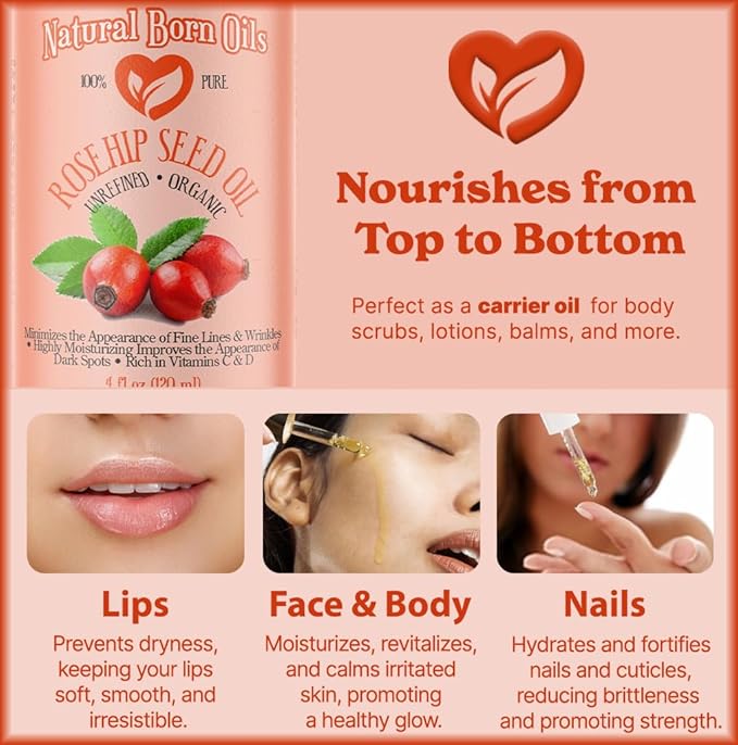 SALE! 4oz Rosehip Seed Oil, 100% Pure and Natural, Cold-Pressed, Unrefined, Organic Moisturizer for Skin and Hair - Includes Pump & Dropper