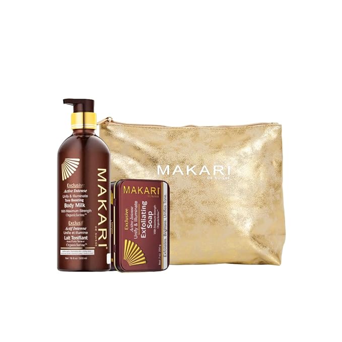 MAKARI Exclusive Skin Care 2-Piece Gift Set | Self Care Kit With Body Toning Milk Lotion with Organiclarine Ideal for All Skin Types & Exfoliating Soap | Makeup Gifts for Women with Free Makeup Bag