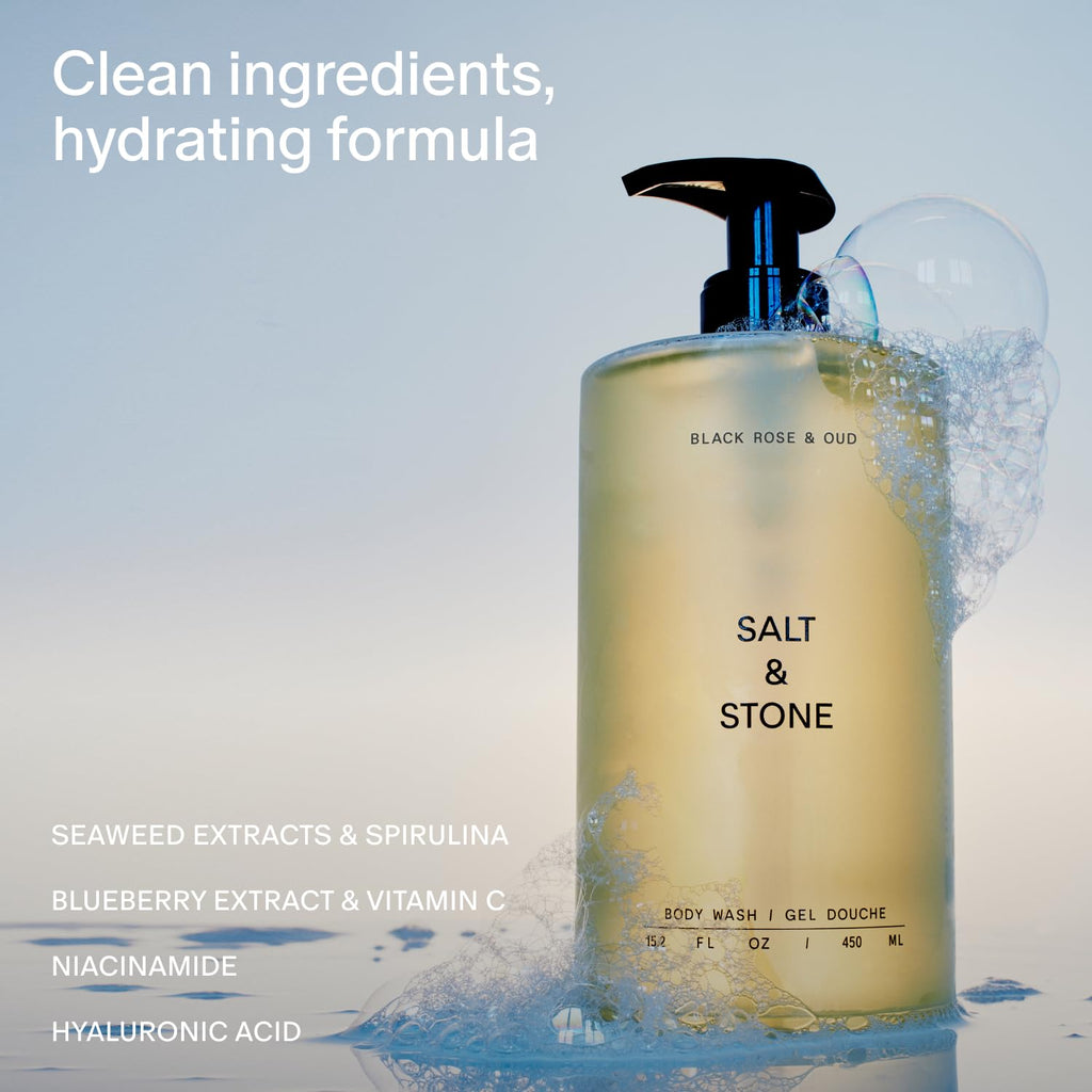 Salt & Stone Body Wash for Women & Men | Black Rose & Oud | Hydrating Gel Cleanser | Clean & Soften Skin | Made with Niacinamide & Hyaluronic Acid | Free From Parabens, Sulfates & Pthalates 15.2 fl oz