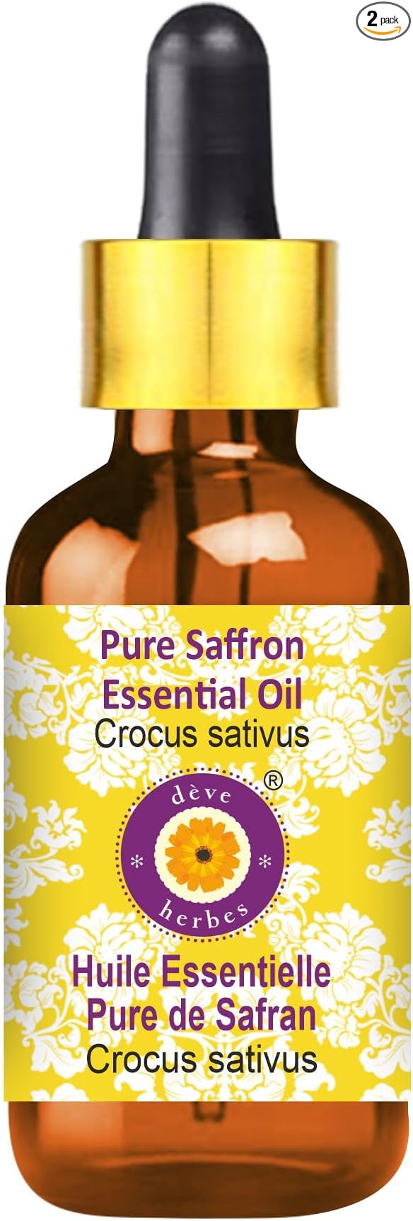 Deve Herbes Pure Saffron Essential Oil (Crocus sativus) with Glass Dropper Steam Distilled 2ml (0.06 oz)