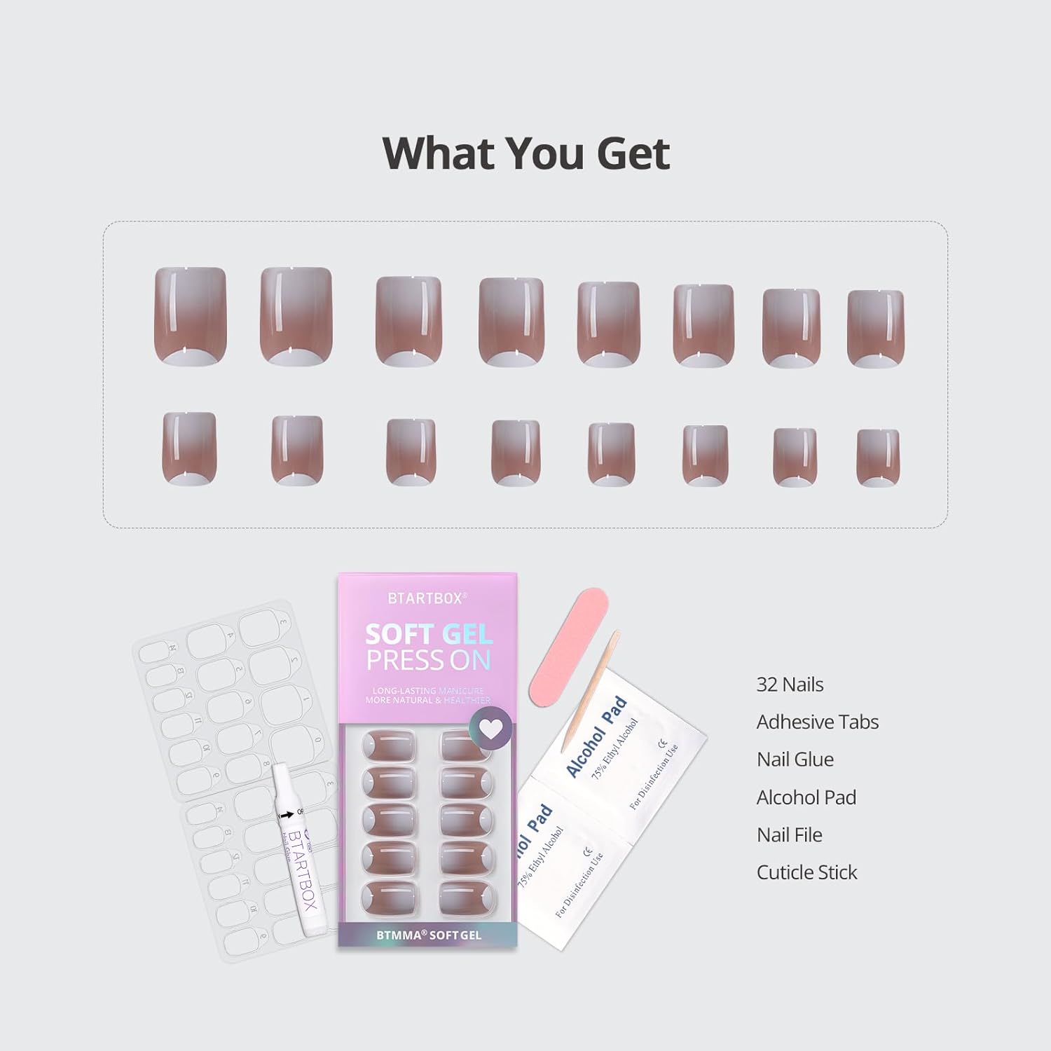 BTArtbox Short Ombre Press On Nails - Square Nail Tips with Glue for Women, Opaque Soft Gel Glue On Nails in 16 Sizes - 32 Stick On Nails Kit, Edge Play