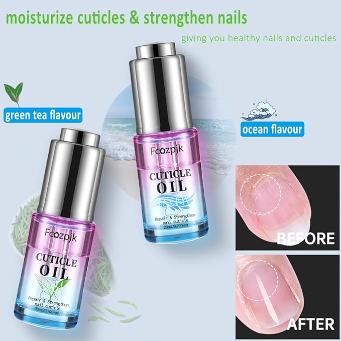 Revitalizing Cuticle Oil, 2PCS Cuticle Oil for Nails, Green Tea & Ocean Scent, Moisturizes Strengthener Oil Dry Nail Treatment Repair Cuticles, With Vitamin E Nail and Cuticle Oil 1.4 Fl Oz