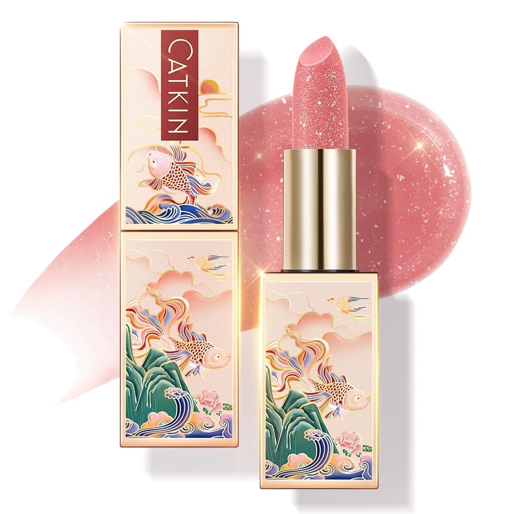 CATKIN Tinted Lip Balm Glitter Lip Stain Ultra Hydrating Lip Moistrurizer Chapstick with Vitamin E Nourishing For Cracked & Dry Lips 0.12 oz C10 Venus - Peach Pink