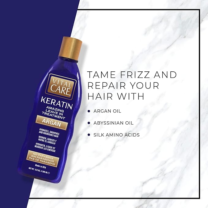 Vital Care Keratin Amazing Leave-In Treatment Argan - Gentle Keratin Complex Hair Treatment is Non-Stripping for Daily Use, Hydrating & Repairing - Abyssinian, Avocado & Sunflower Seed Oil