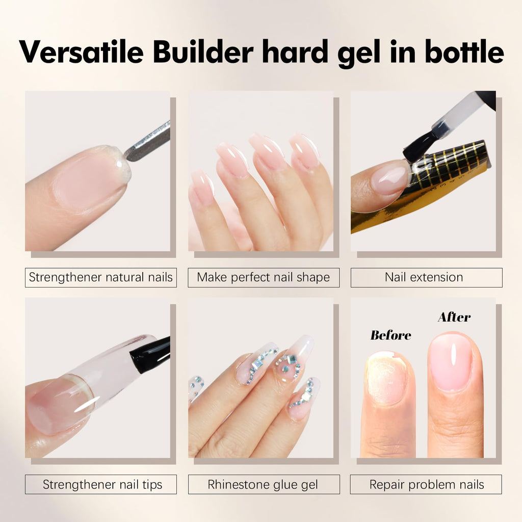 FZANEST Builder Nail Gel Hema & TPO-Free 15ml *2 pcs Clear Hard Gel Extension For Nails Thickening Strengthener Brush on Builder Bottle Soak Off UV Holiday Nail Art Design for Girls