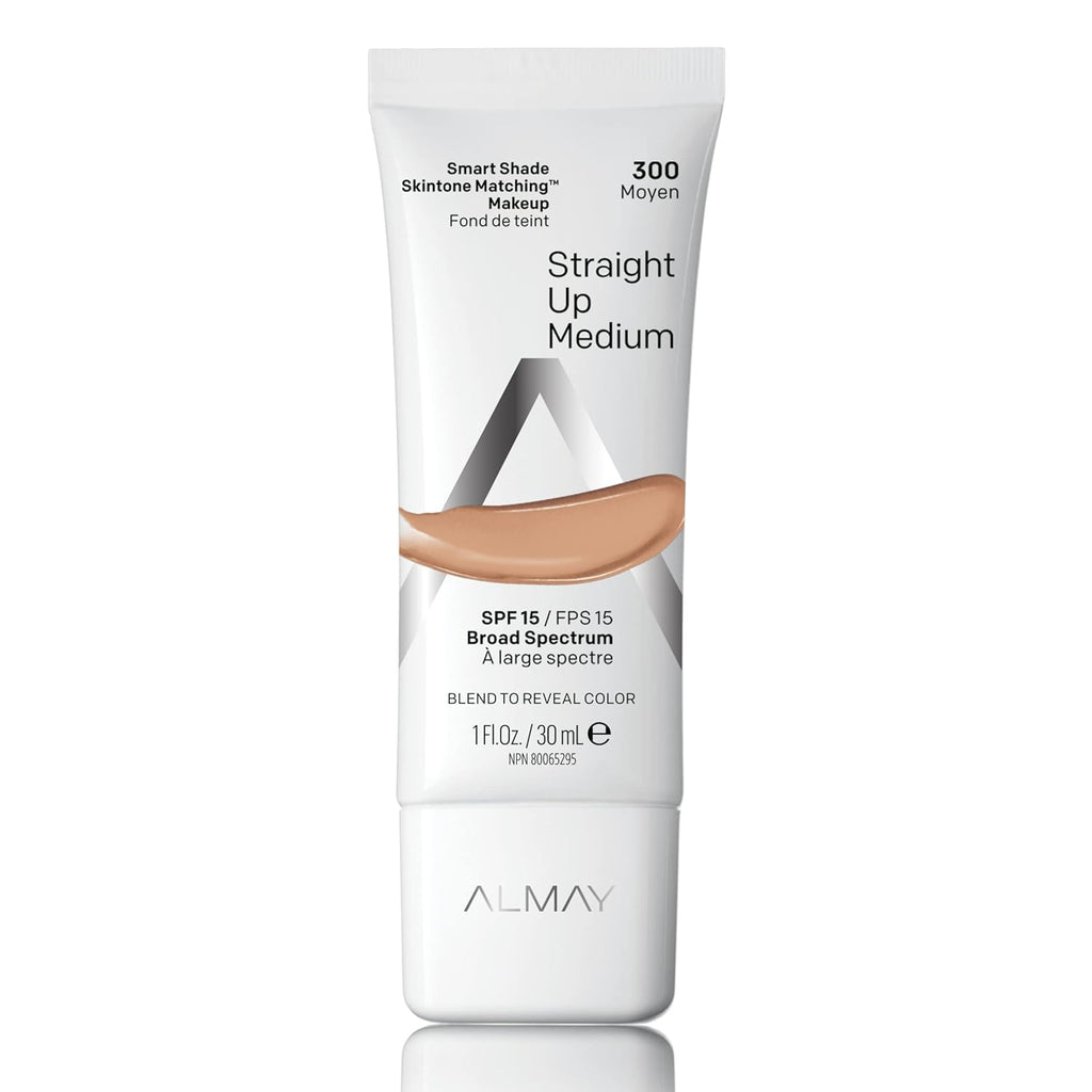 Almay Skintone Matching Foundation, Smart Shade Face Makeup with SPF 15, Hypoallergenic, Oil-Free, Dermatologist-Tested, 300 Straight Up Medium, 1 fl oz